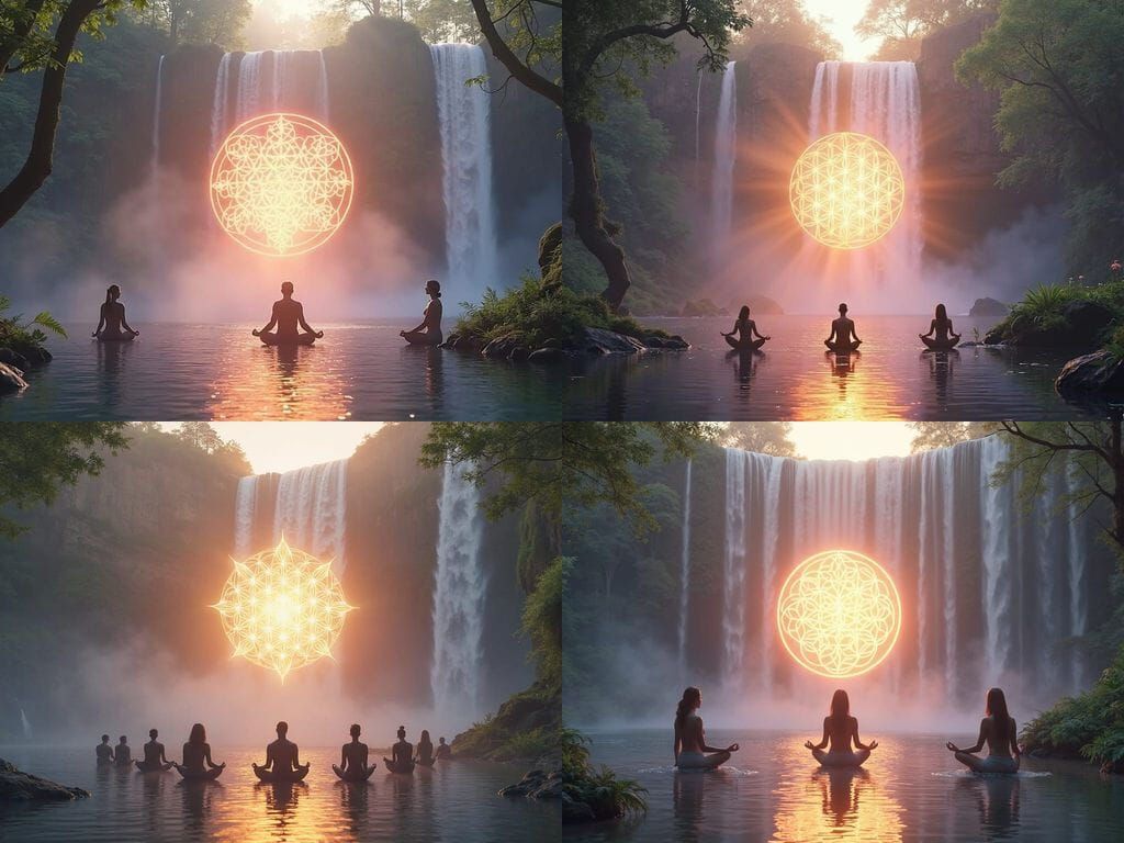 Sacred Waterfall Cathedral With Glowing Flower of Life