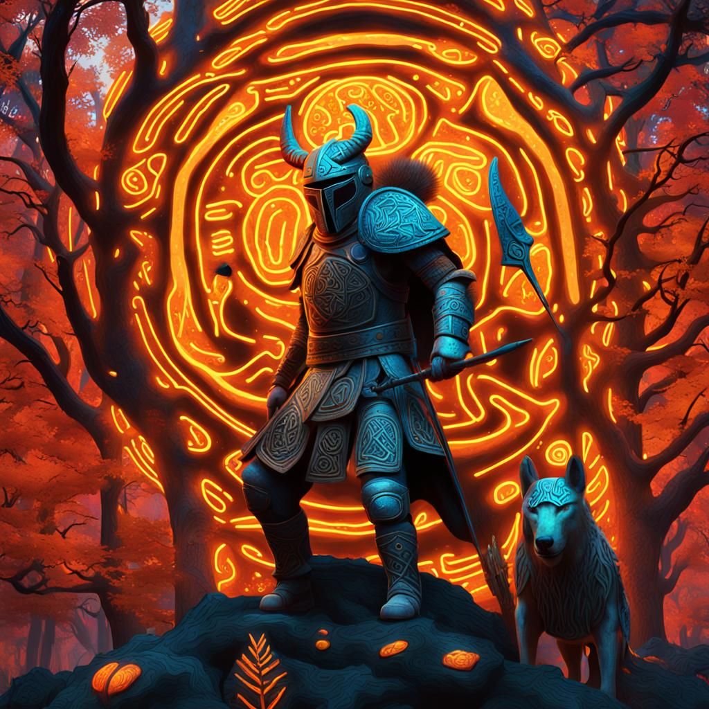 Neon Celtic Warrior Helmet, Klee-Inspired Colors