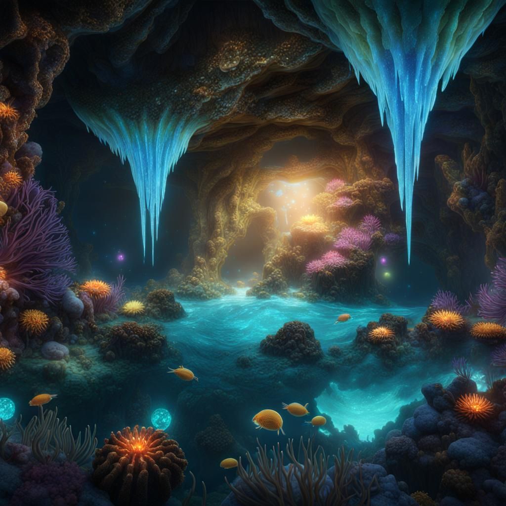 Bioluminescent Underwater Cave with Crystals