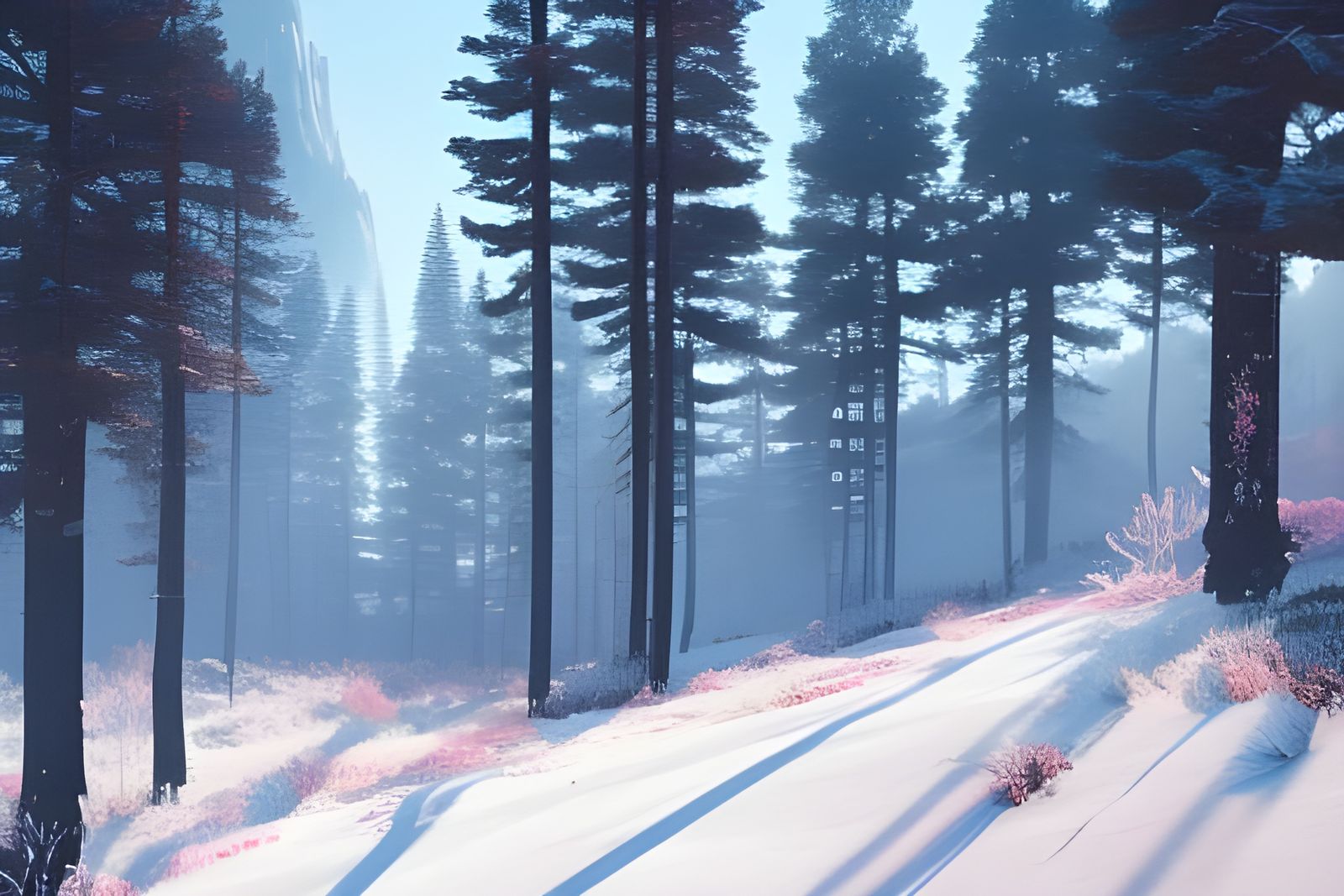 Snowy Mountain Valley in Winter Morning Light