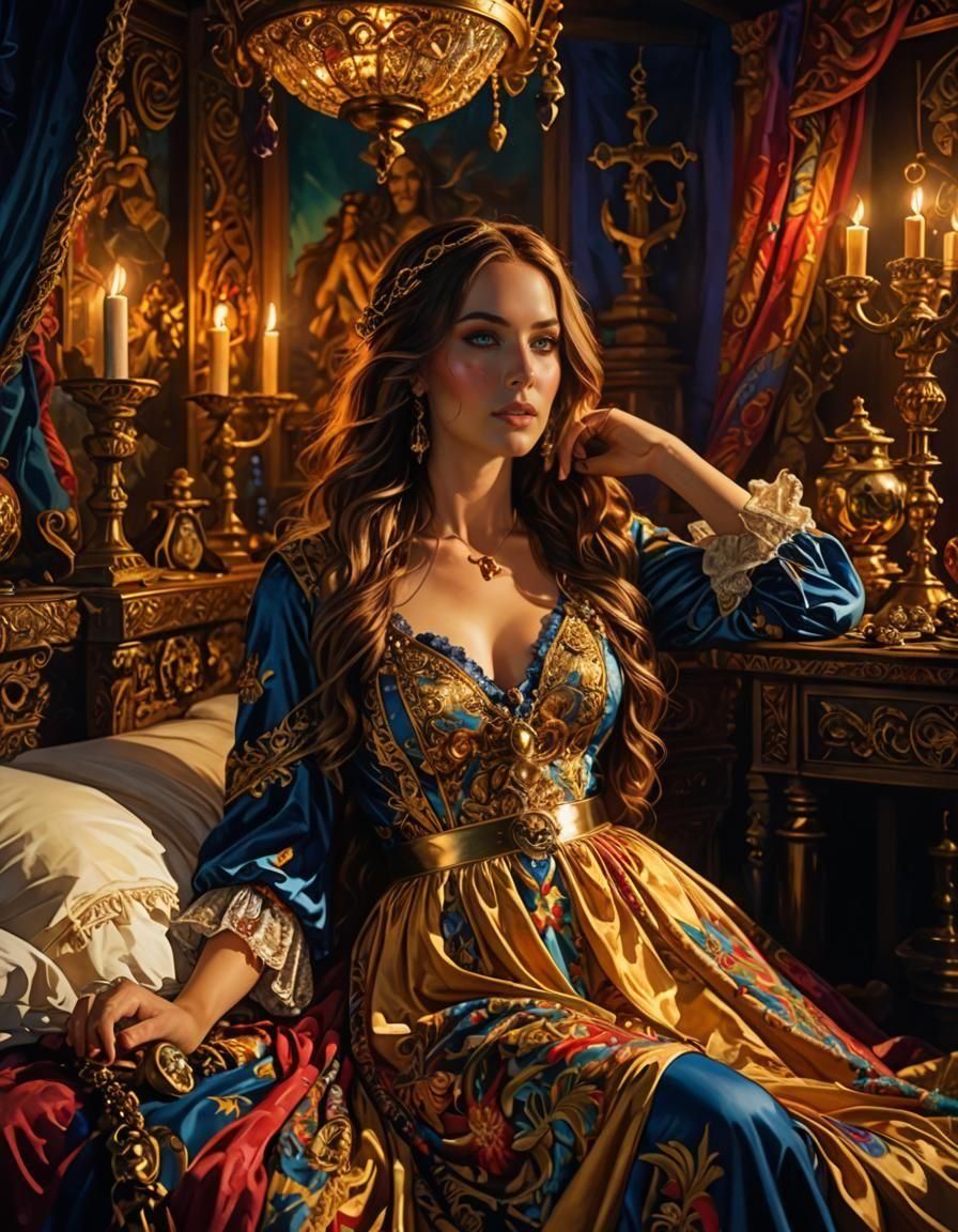 Pirate Woman Asleep Amidst Treasures, Digital Art