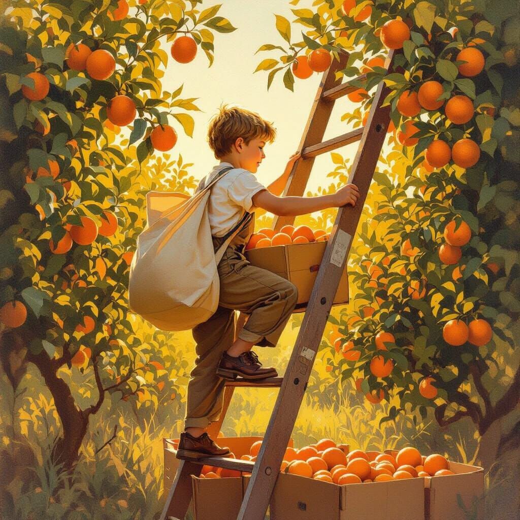 Boy Picks Oranges in Sunlit Grove, Nostalgic Oil Painting St...