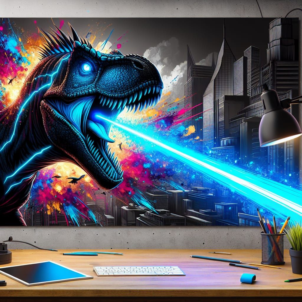 Hyperrealistic Dinosaur with Blue Laser Breath