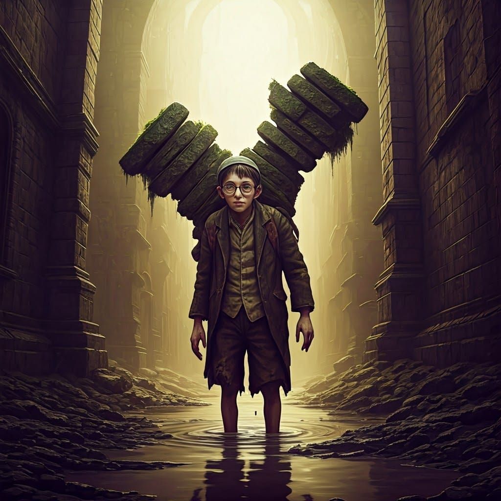 Ethereal Dark Fantasy Scene with Tattered Boy and Precarious...