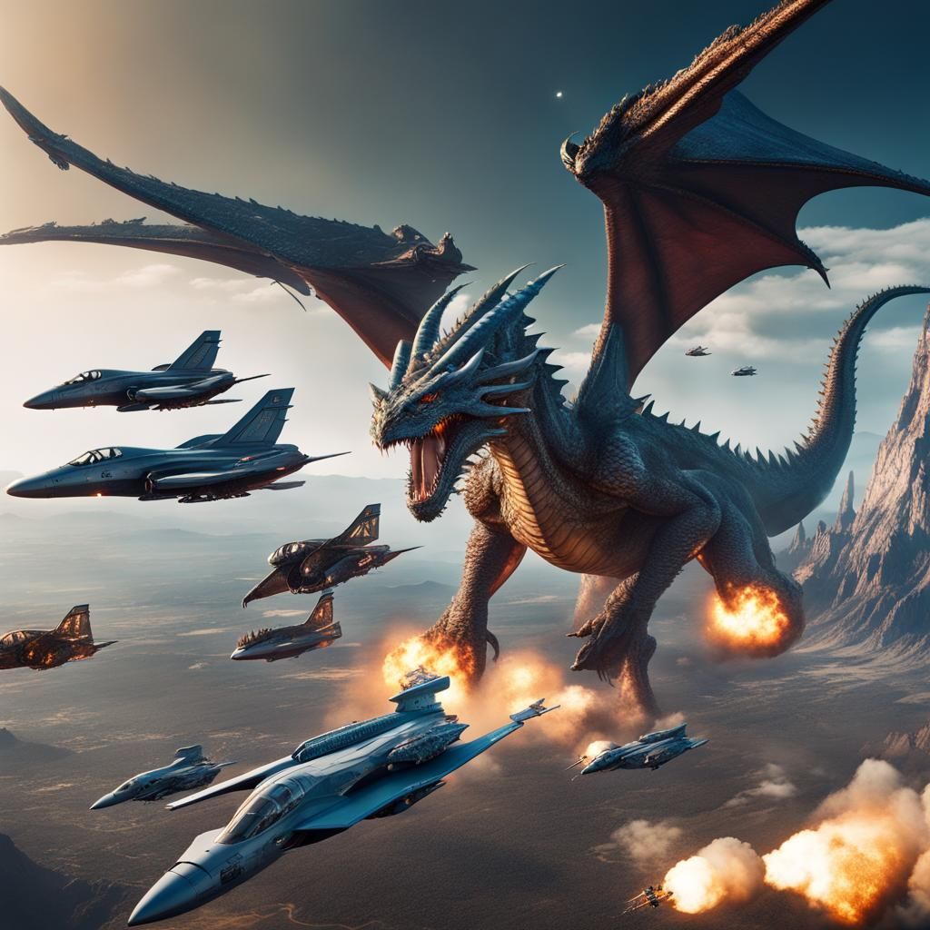 Dragons and Fighter Jets Defending Airliner