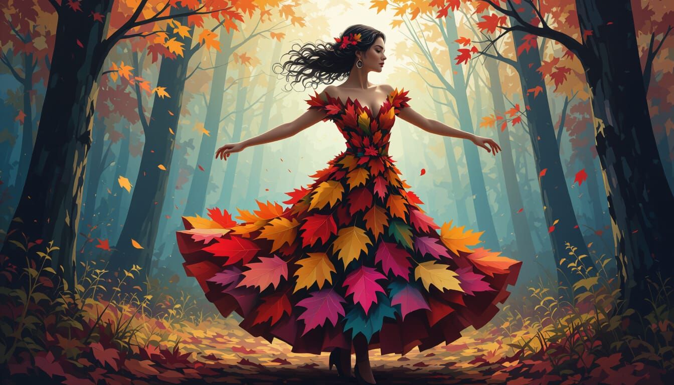Woman in Autumn Leaf Dress Dancing in Forest