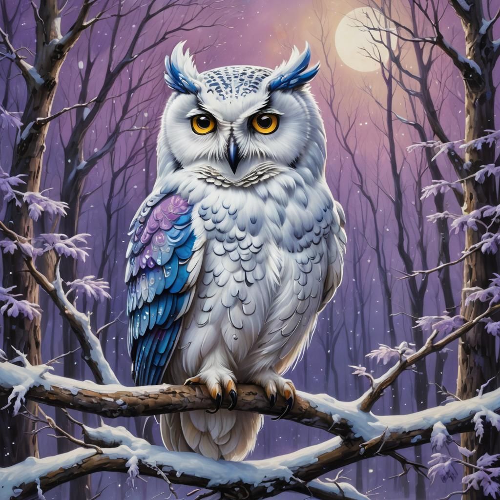 Illuminated Snow Owl Family in Winter Forest