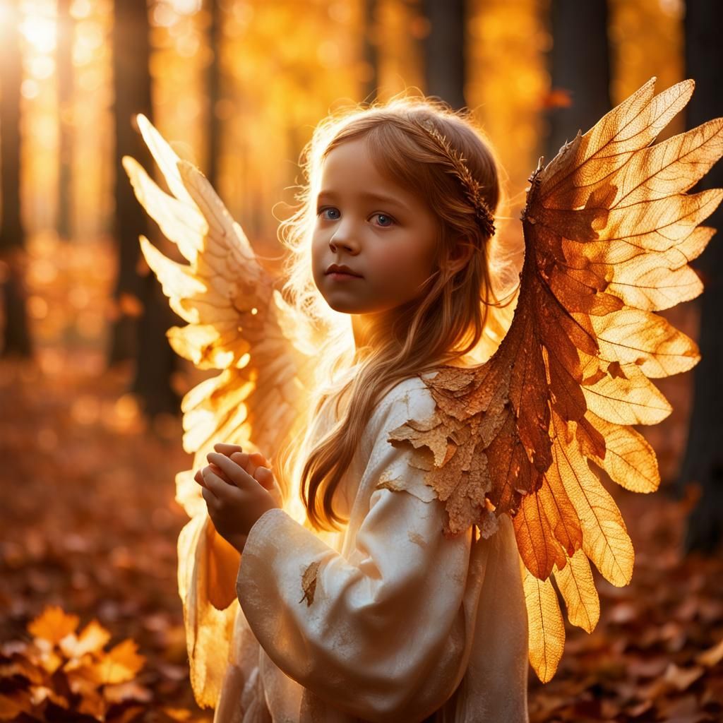 Angel in Autumn Forest: Hyperrealistic Mobile Wallpaper