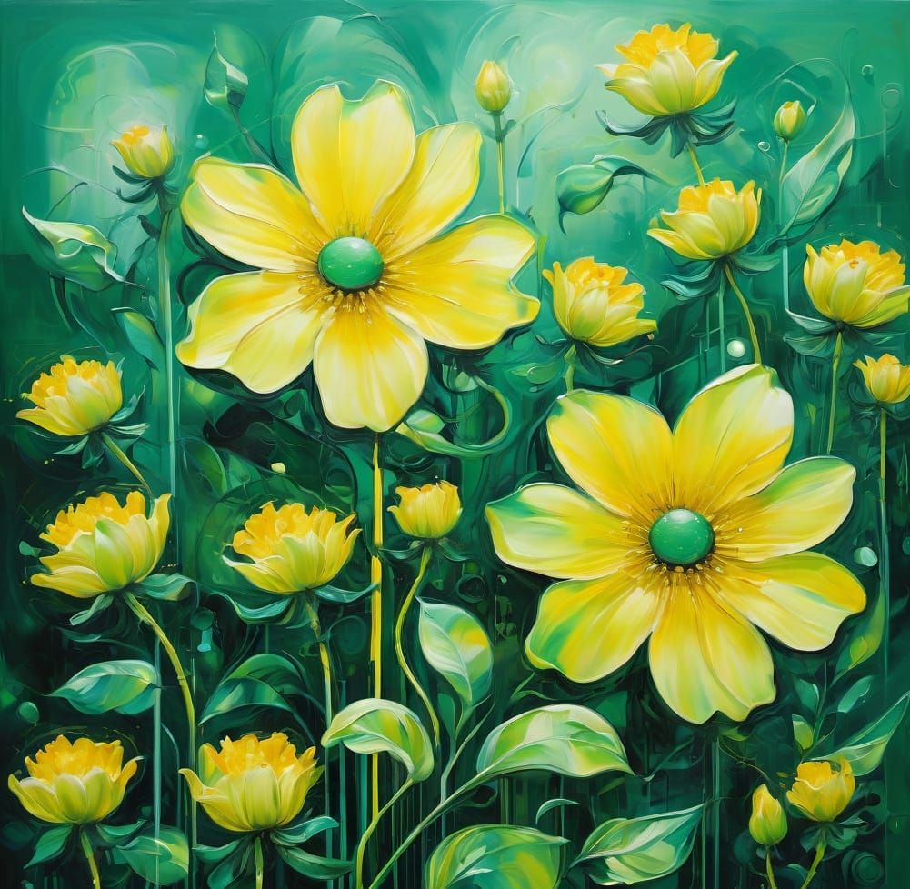Abstract Cyberpunk Floral Painting in Green and Yellow