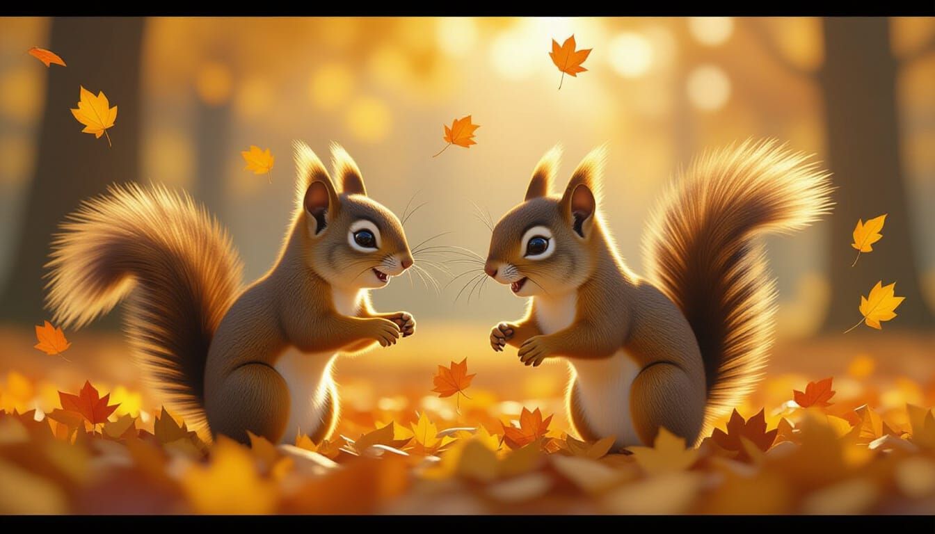 Cute Squirrels Chasing Through Golden Leaves