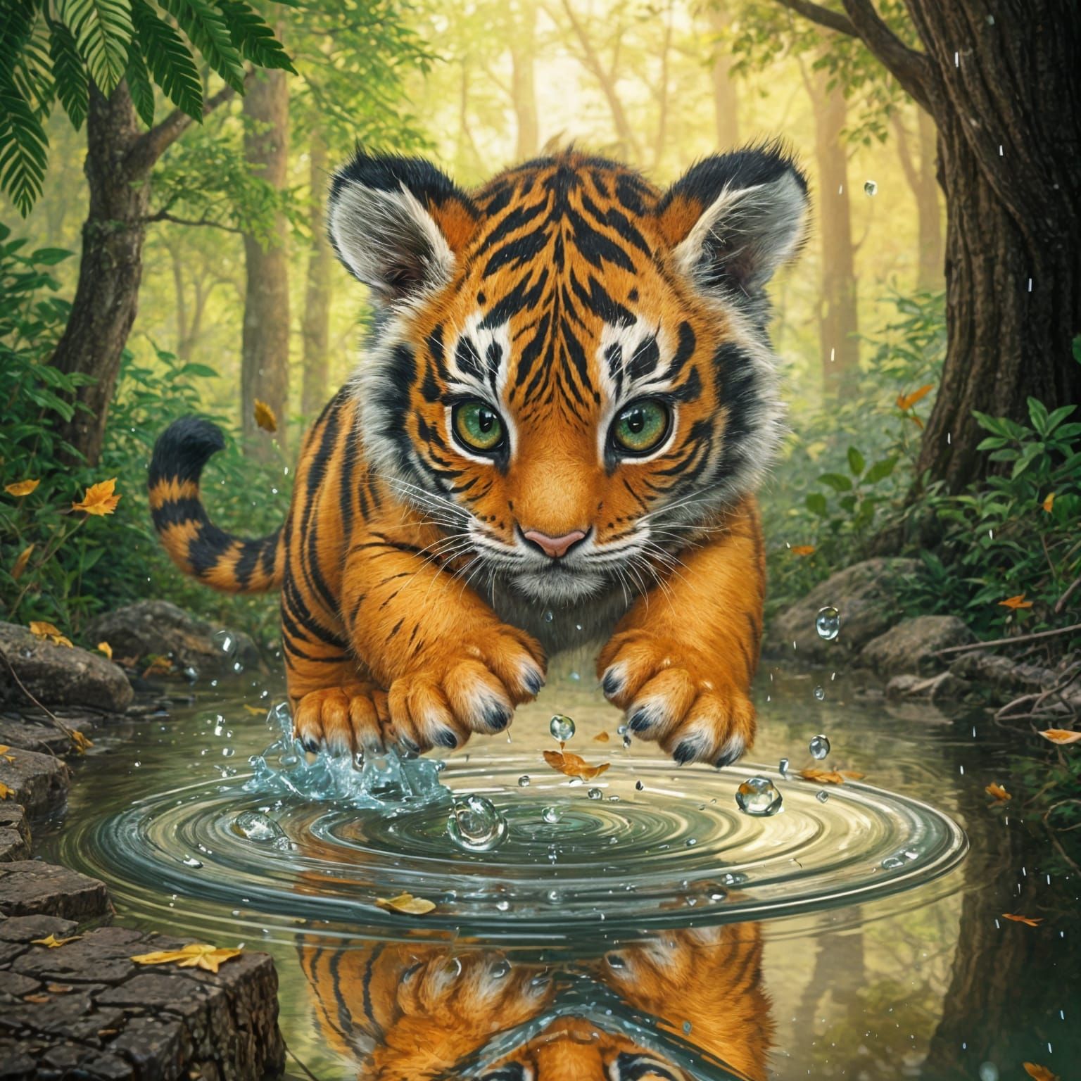 Adorable Tiger Cub Plays in Rainy Forest, Detailed Art