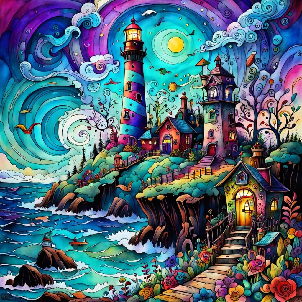 Whimsical Lighthouse with Claymation Figures in Alcohol Ink ...