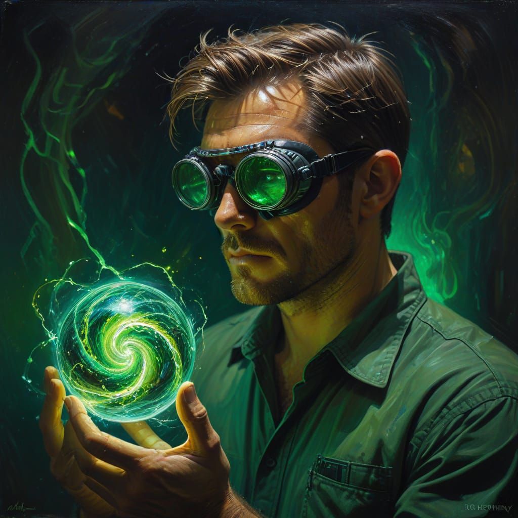 Man in Thunder Goggles Gazes at Luminous Object