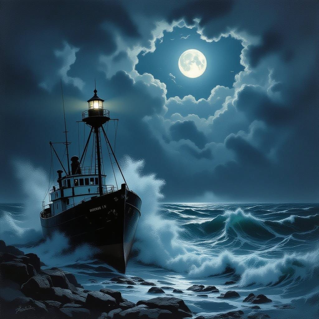 Monochrome Oil Painting of Shipwrecked Vessel and Lighthouse