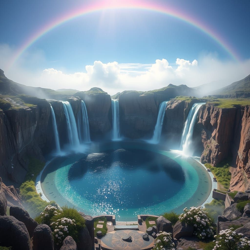 Majestic Mountaintop Sanctuary with Waterfalls and Rainbow
