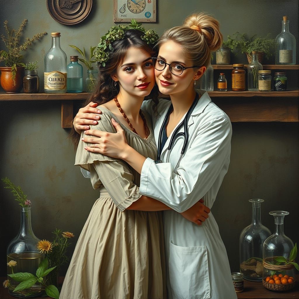 Doctor and Herbalist Embrace in a Lab, Impasto Painting