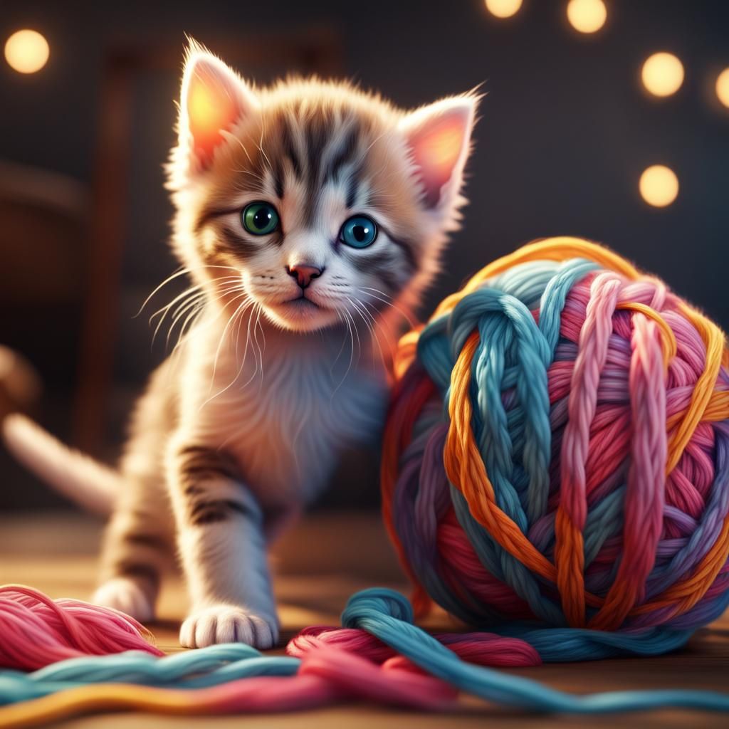 Playful Kitten and Puppy Tangled in Yarn