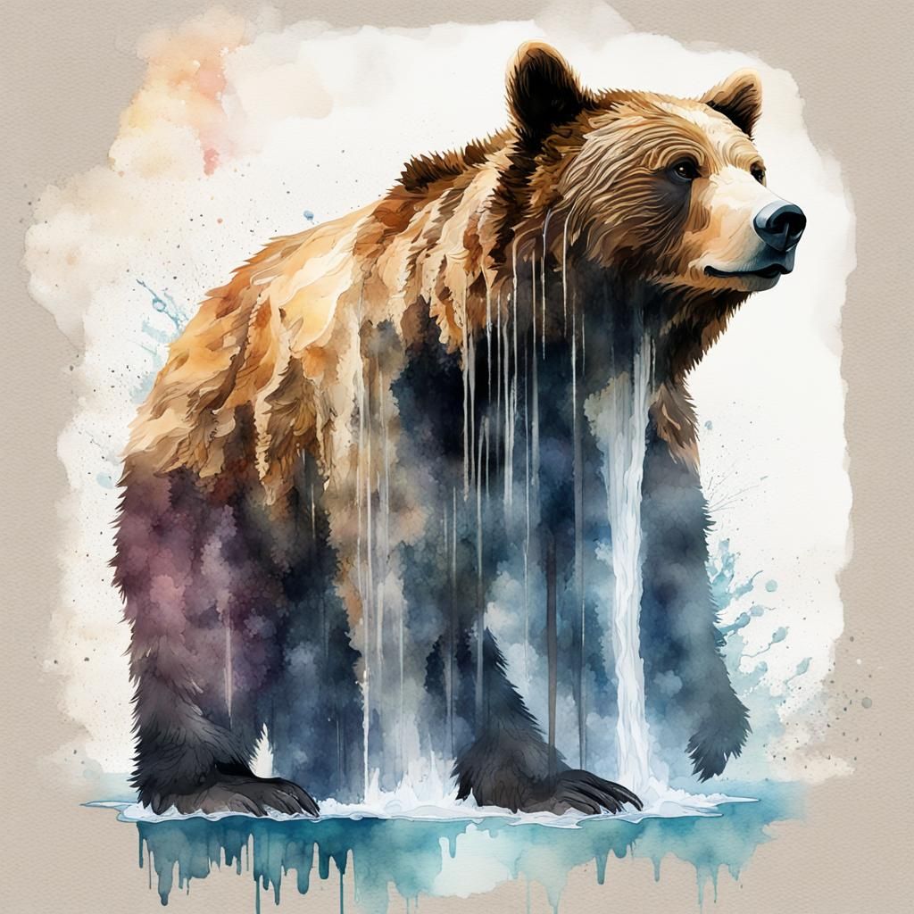 waterfall+bear, double exposure splash art watercolour and pen, Layered Inside, double exposure, merged Painterly styles...