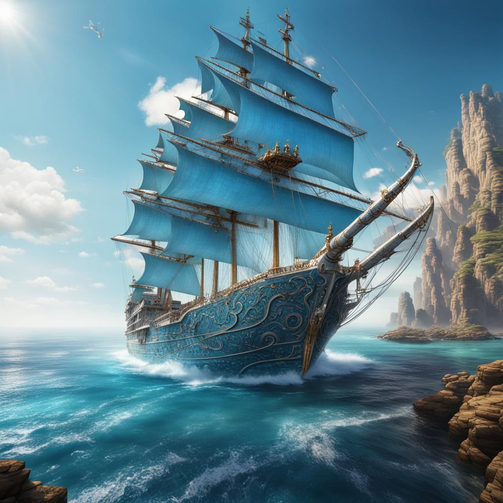 White Ship on Cerulean Sea: Fantasy Concept Art