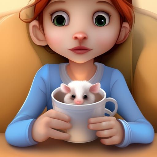Cute Cartoon Girl Drinking Tea with Rat Cup