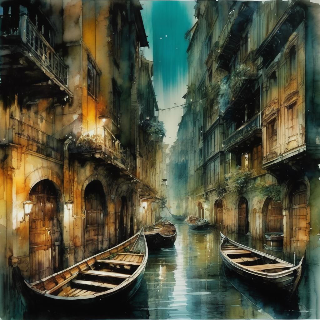 Watercolor Fantasy Scene in Albert Robida Style