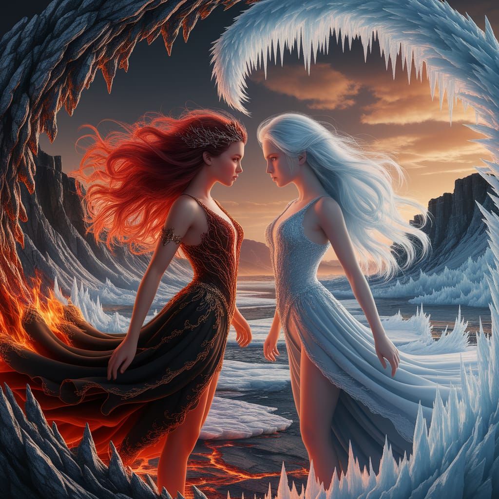 Fire and Ice Maidens in Dramatic Standoff - Art Nouveau Styl...