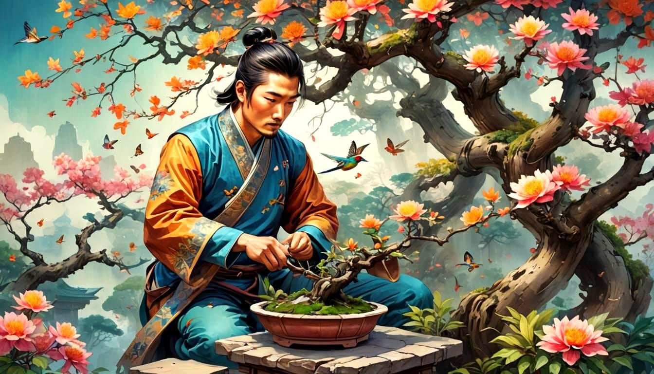 Gardener Pruning Bonsai in Qing Dynasty Garden