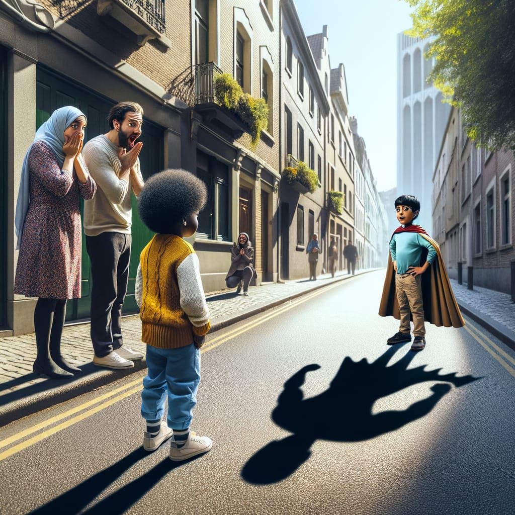 Boy's Shadow Becomes Superhero Silhouette on Street Wall