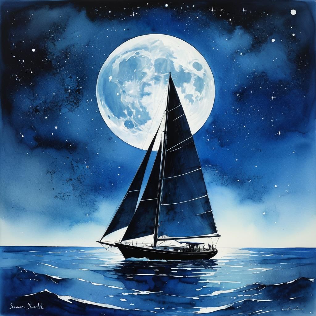 Sailboat Silhouette in Starry Night, Watercolor Style