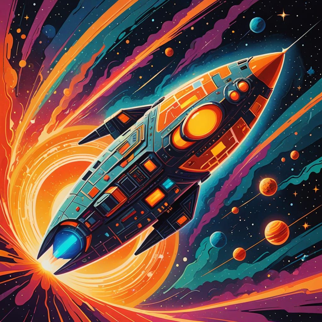 Spaceship Journey Around Stylized Sun in Retrofuturism Style
