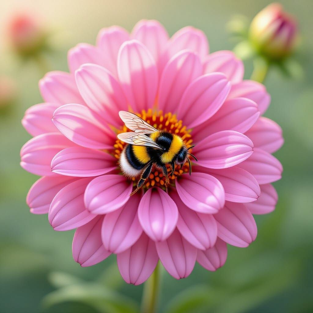 Detailed Pink Flower with Bumblebee, Botanical Art Style