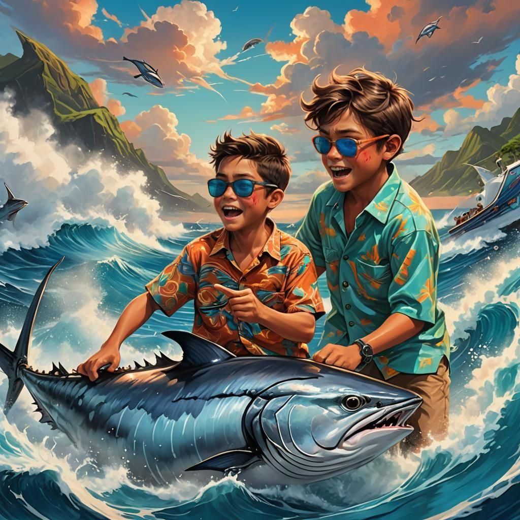 Boy Catches Giant Tuna: Digital Art