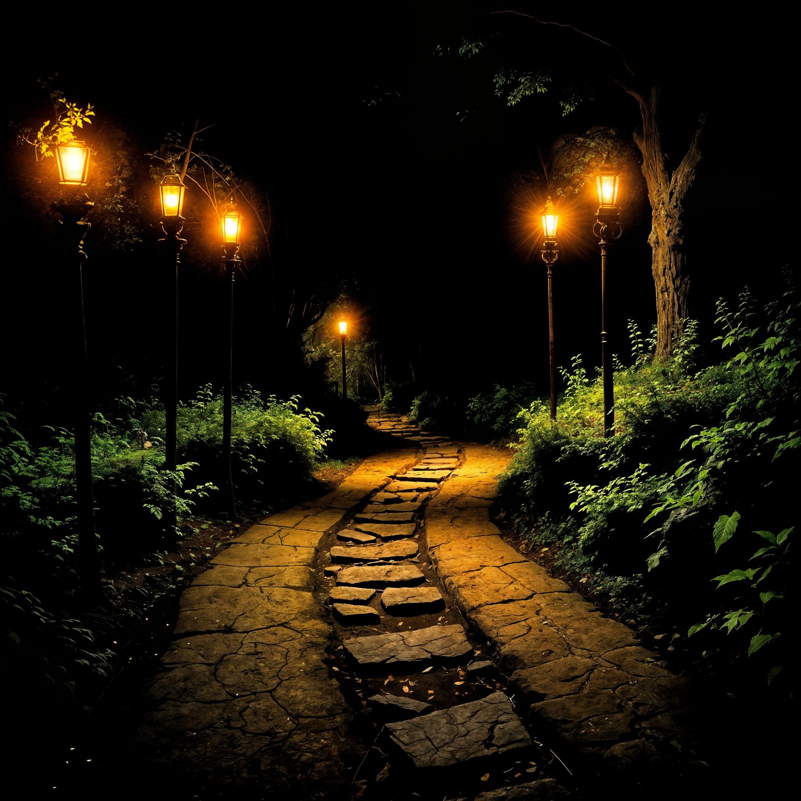 Torchlit Stone Path in the Darkness