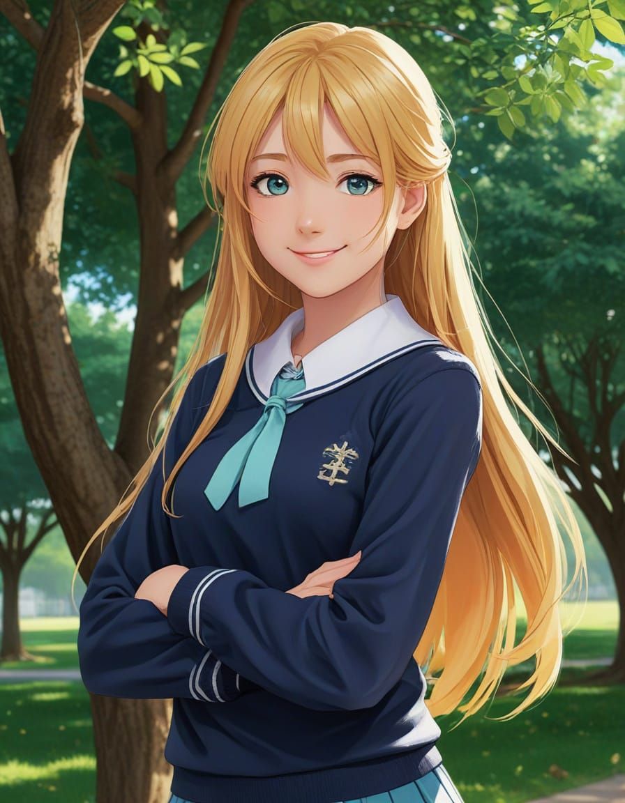 Golden Girl in Catholic School Uniform Under the Tree