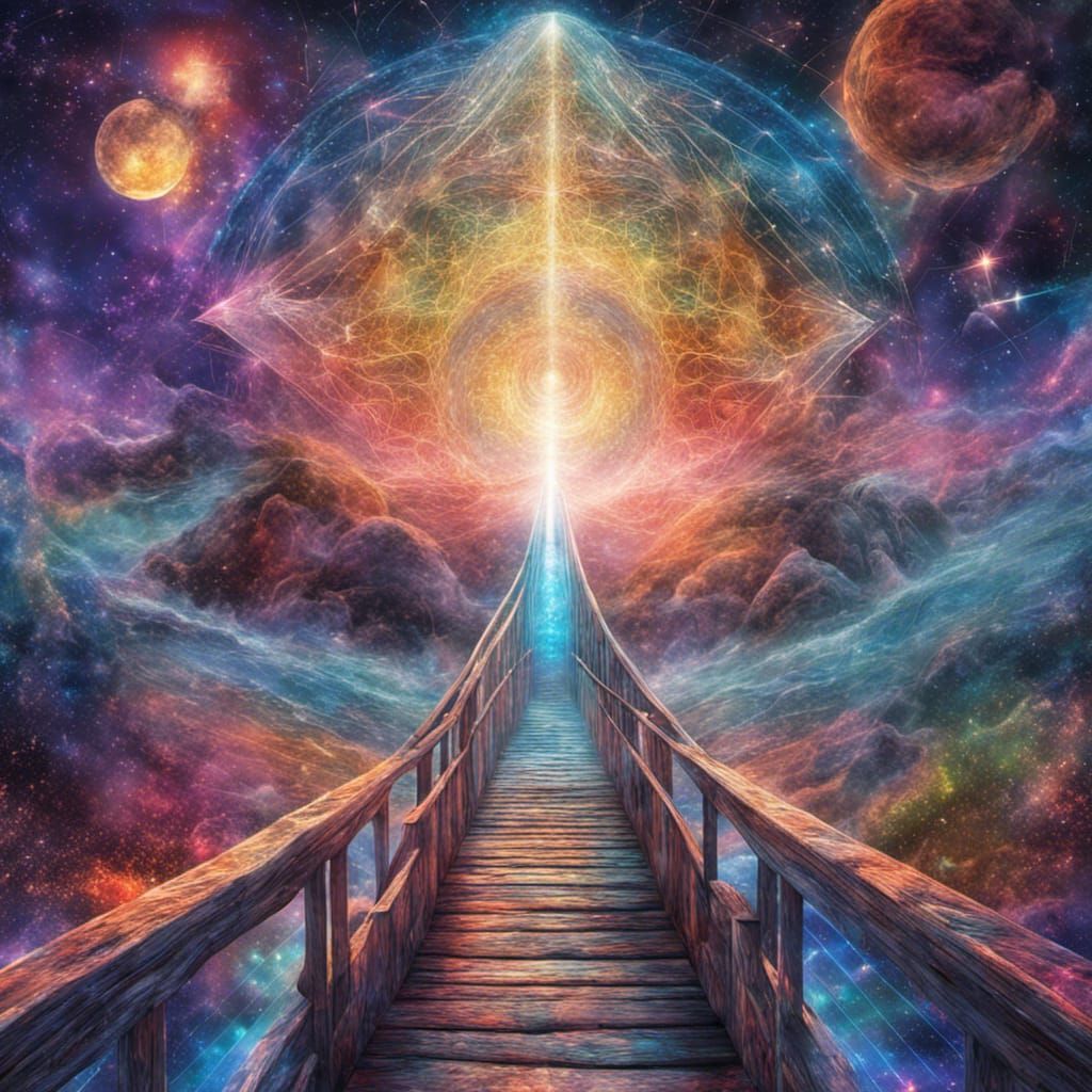 Holographic Bifrost Bridge: Cosmic Mixed Media Illustration