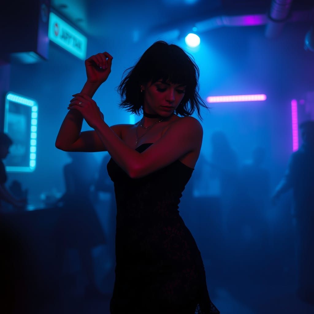 Goth Dancer in a Neon Underground Club