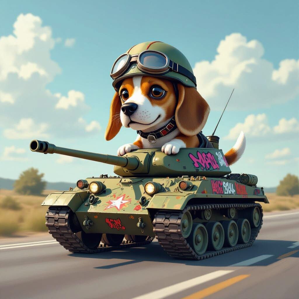Beagle Drives Tank in Whimsical 3D Digital Art