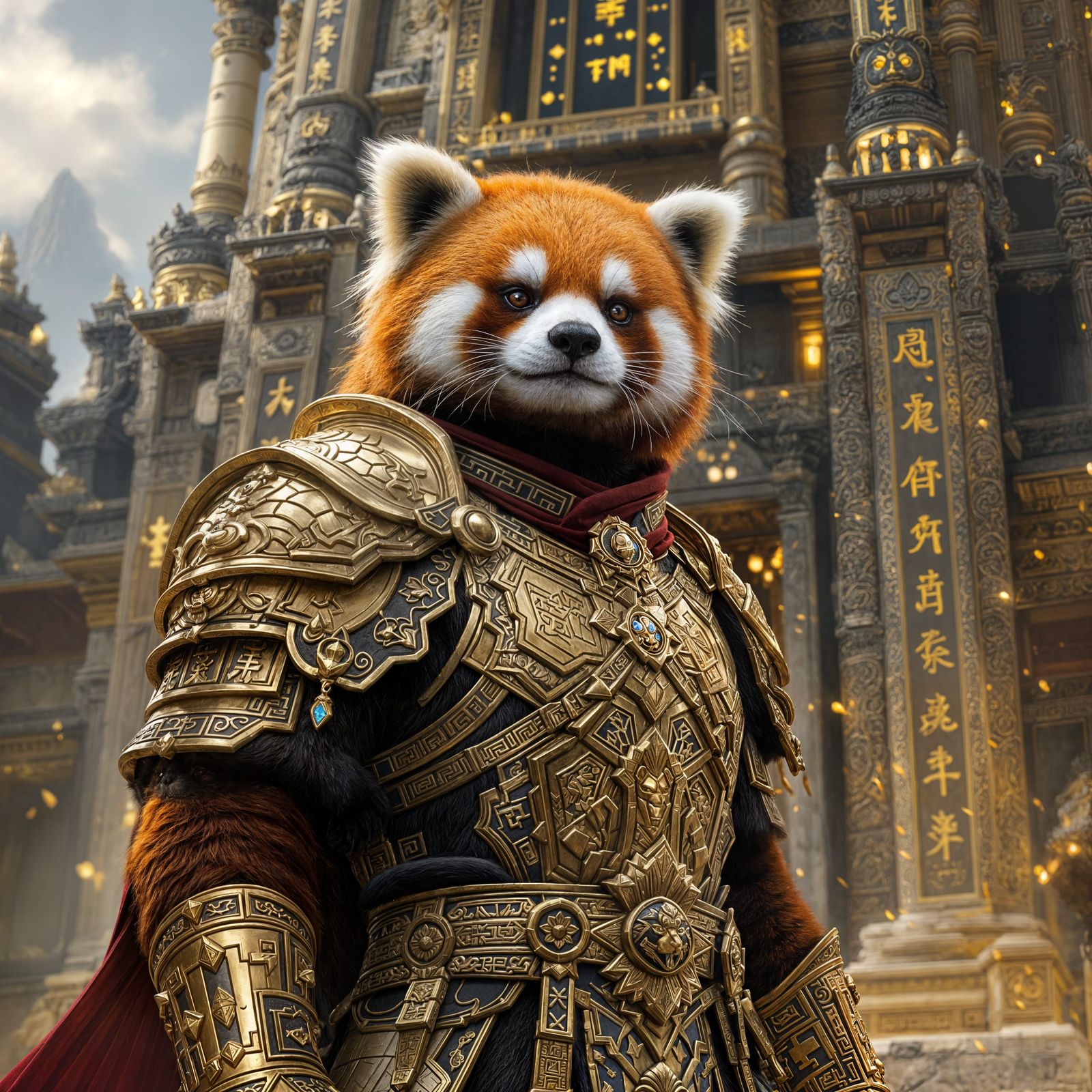 Regal Red Panda Knight Guards Ancient Temple