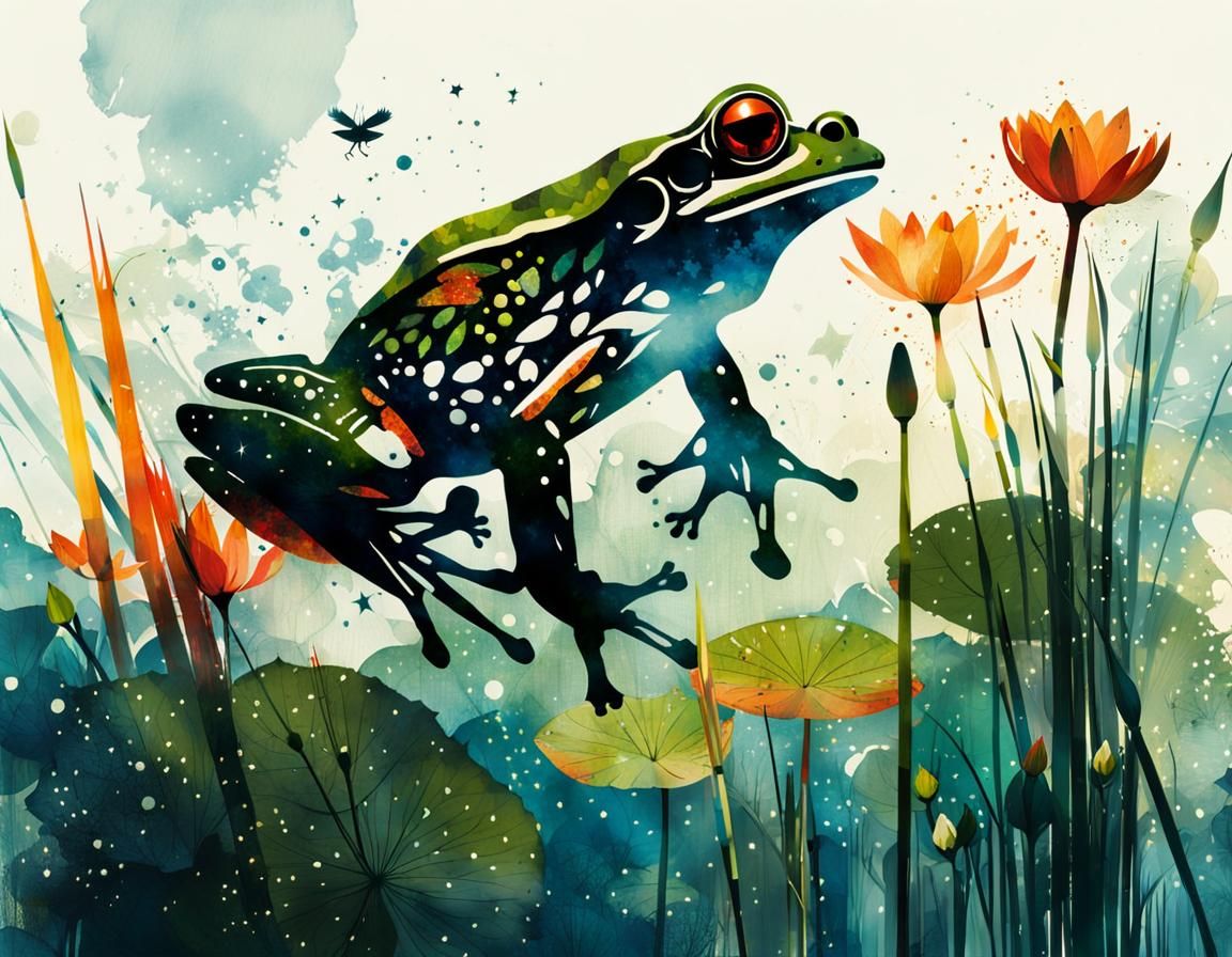 Double Exposure Frog Silhouette with Water Lilies
