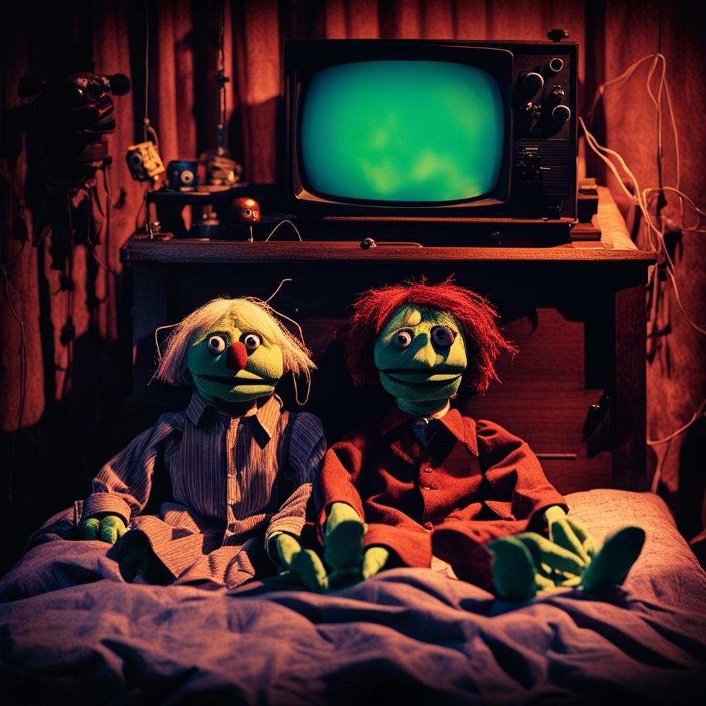 Creepy Puppets Watching TV in Dark Bedroom