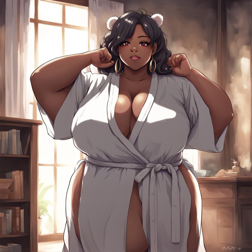 Ebony Woman with Bear Ears in Anime Style