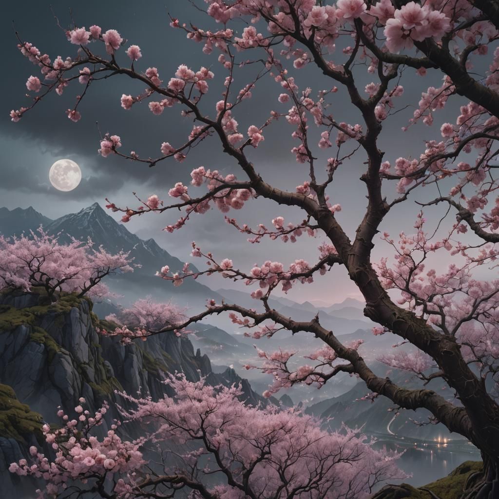 Romantic Cherry Tree Fantasy Digital Painting