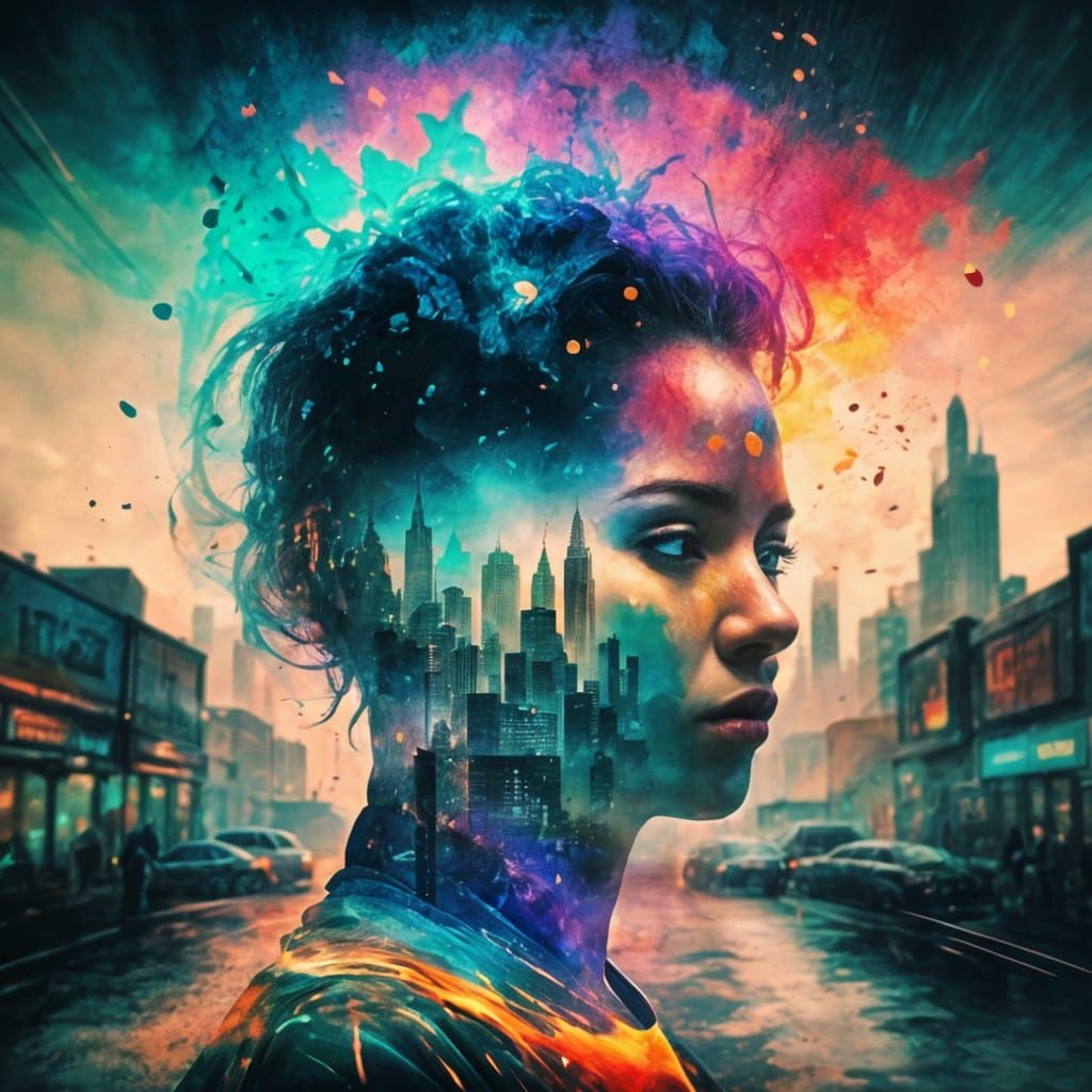 Double Exposure City and Face in Surreal Style