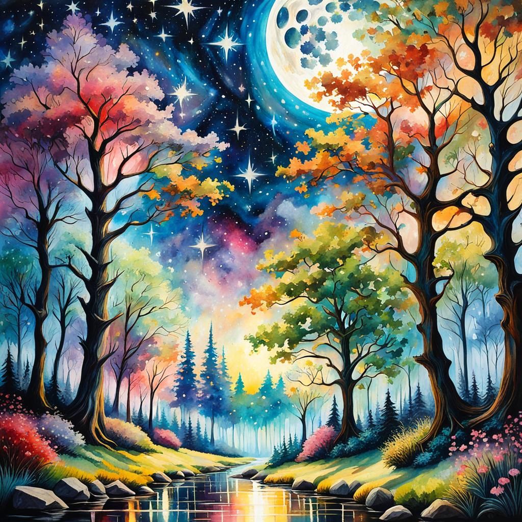 Enchanted Forest with Magical Trees and Starry Sky