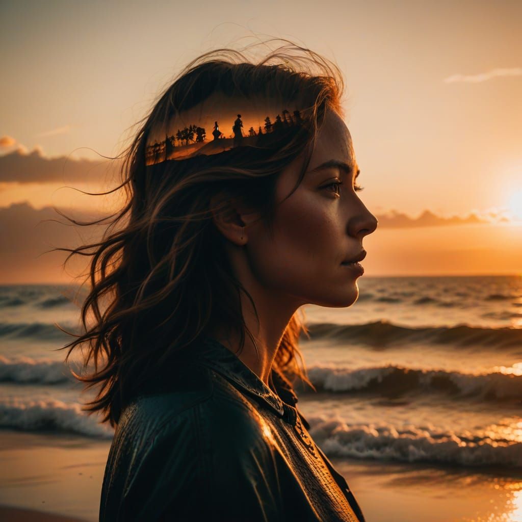 Silhouette Sunset: Double Exposure Beach Art