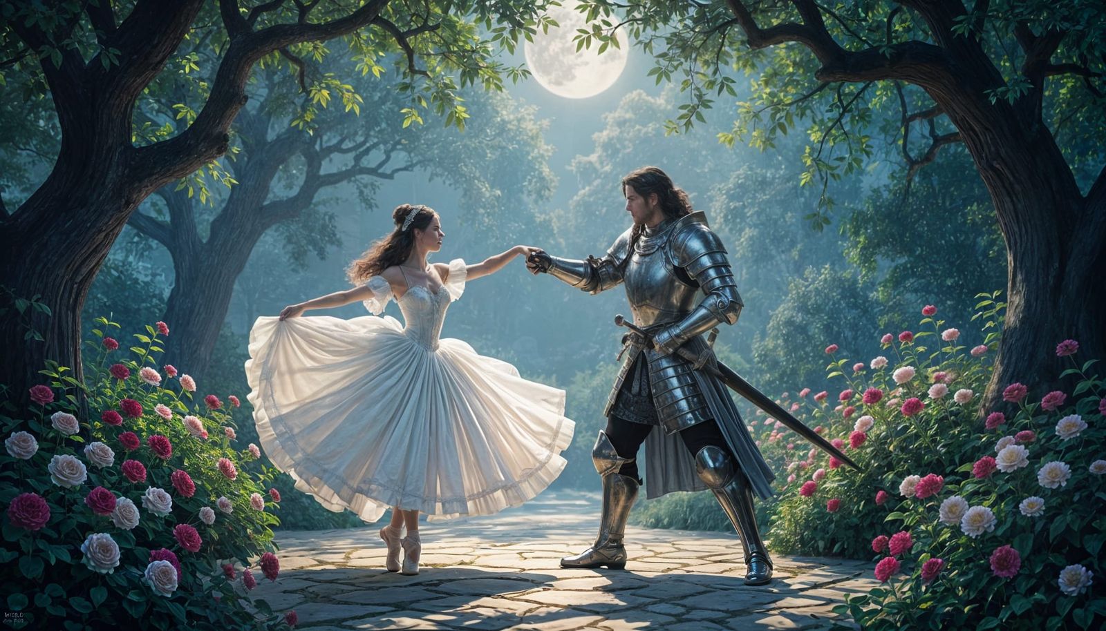 Ballerina and Knight Dance in Victorian Moonlight Garden