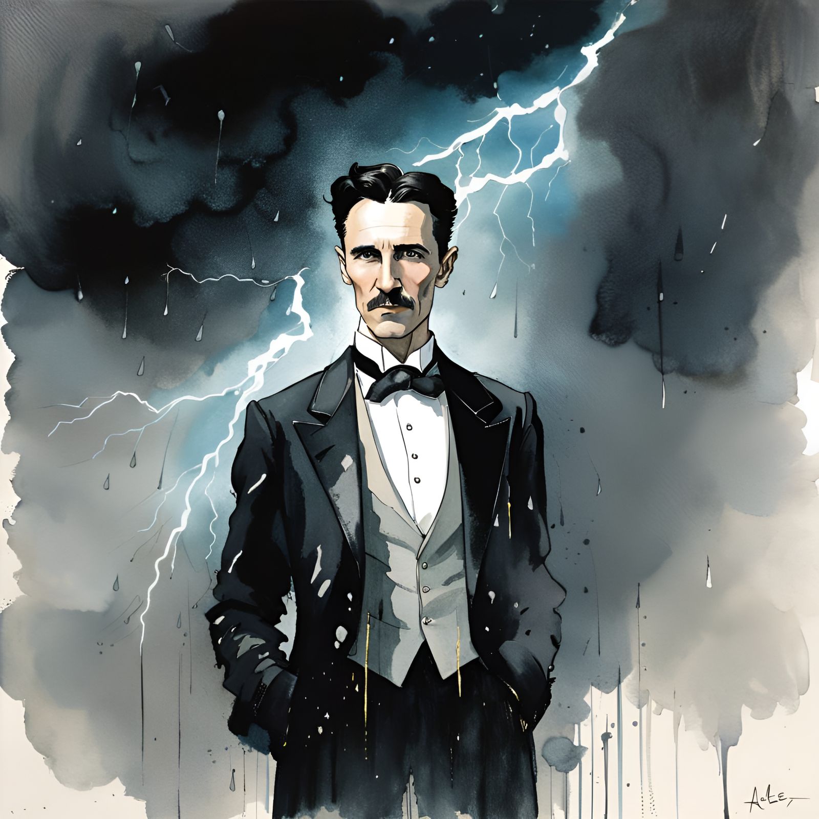 Tesla in the Rain: A Watercolor Portrait