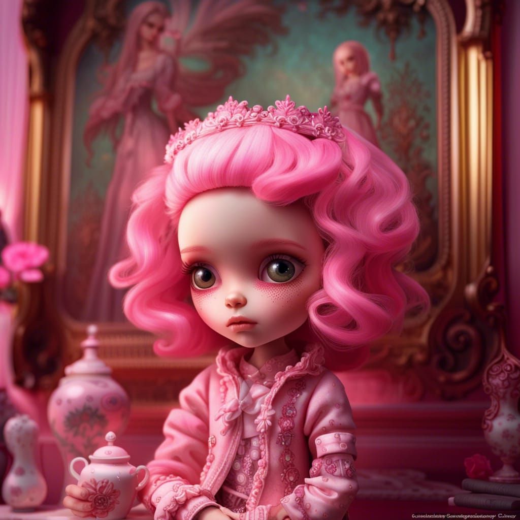 Pink Blythe Doll in Rococo Room, Detailed Photograph