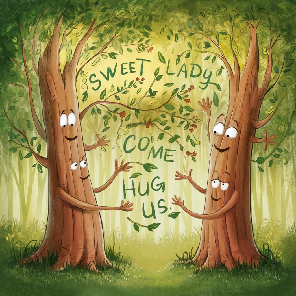 Trees in Whimsical Embrace with Warming Words