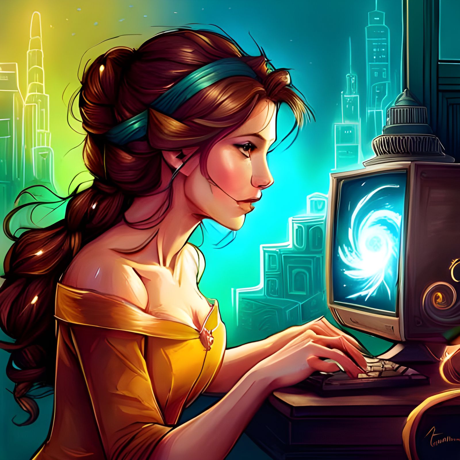 Princess Belle Using a Computer as Digital Art